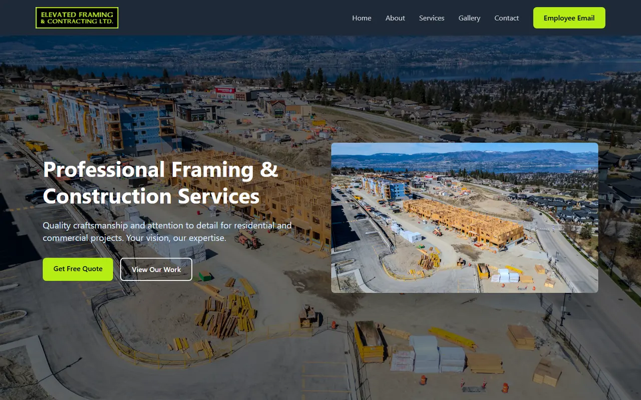 Elevated Framing & Contracting homepage — aerial construction site hero