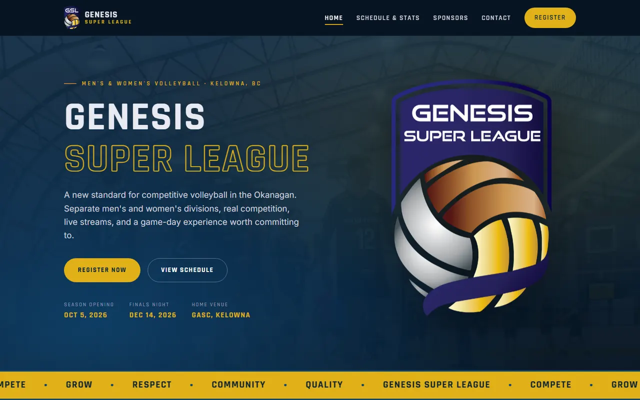 Genesis Super League homepage — dark hero with the league crest and volleyball season dates